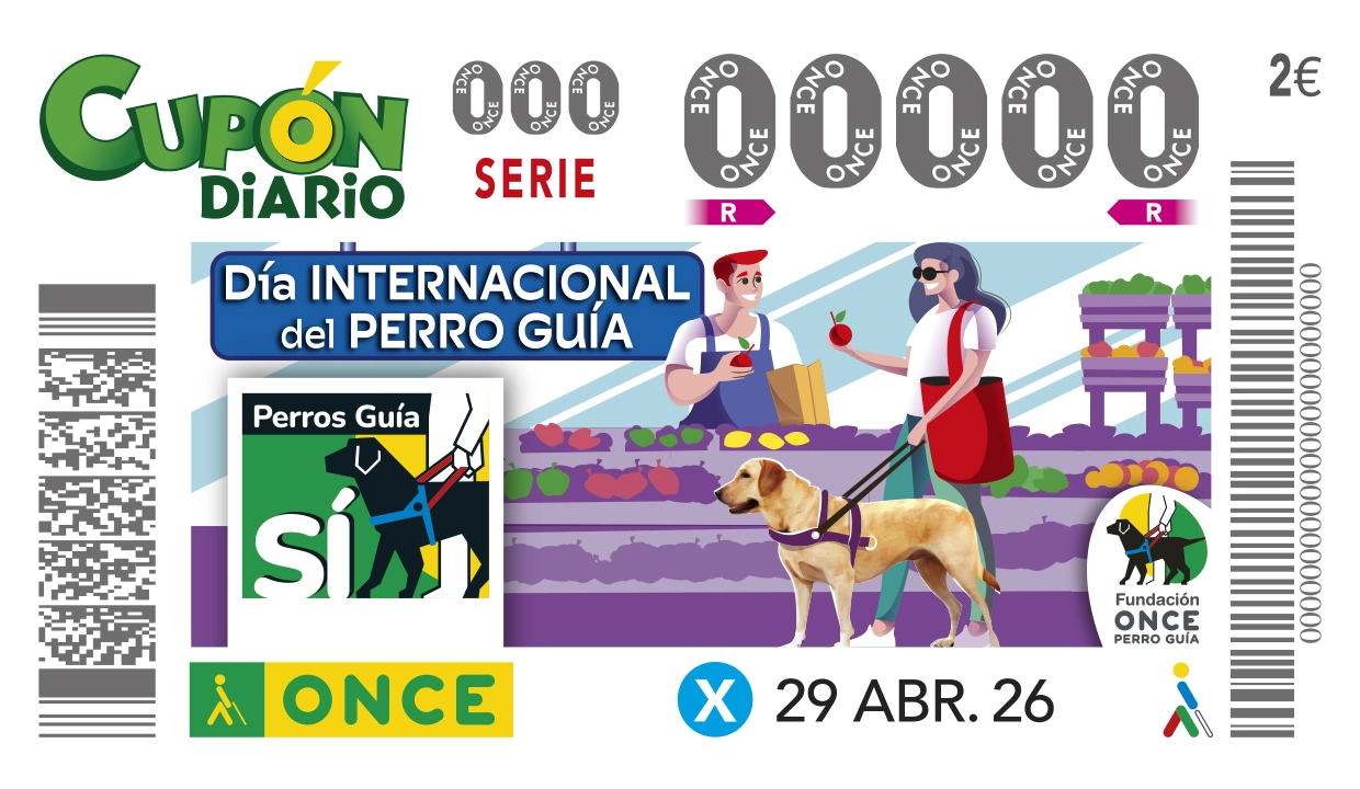 Cupón de la ONCE dedicado al Dia Internacional del Perro Guia 2026