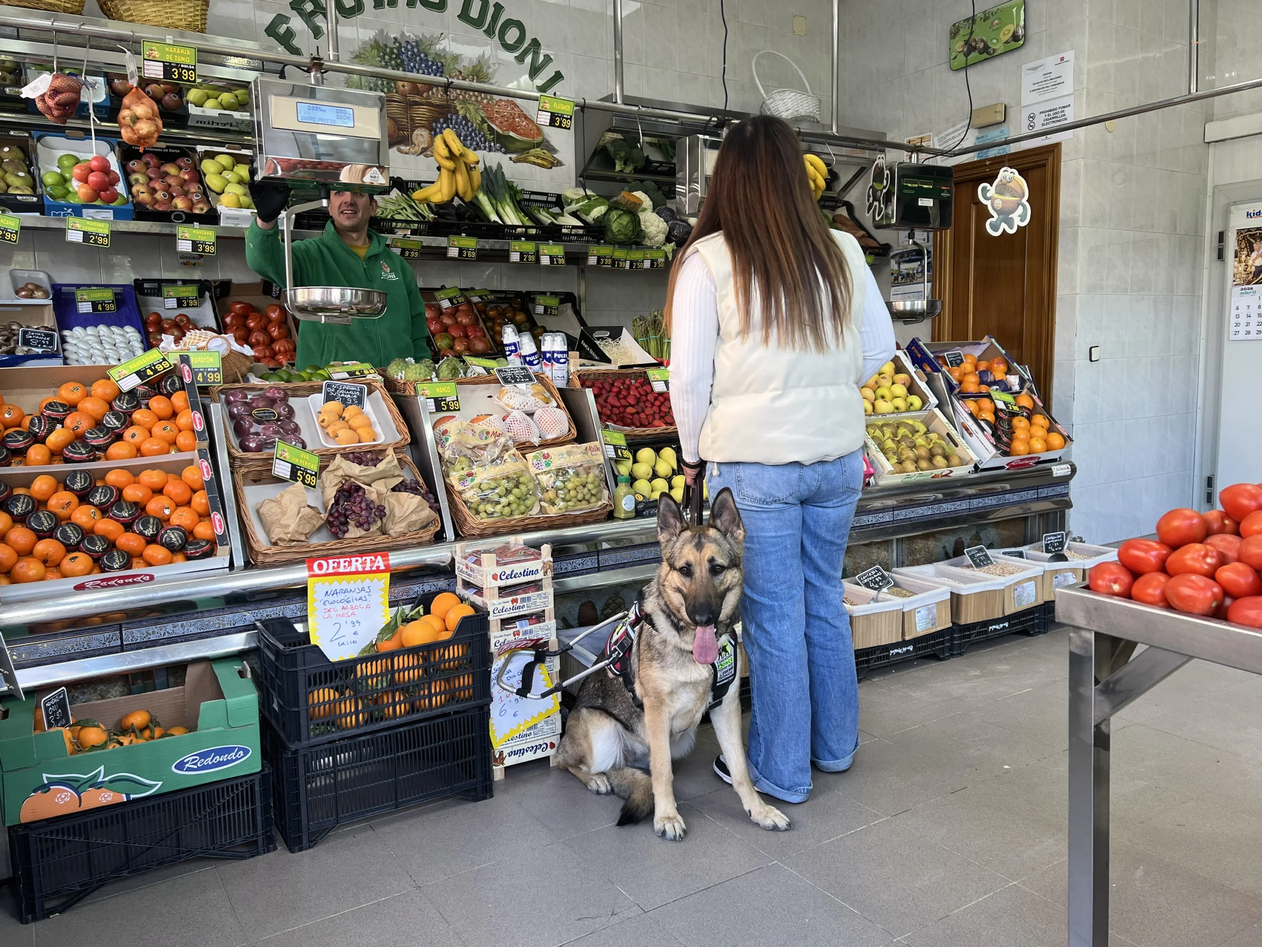 Usuaria perro guía en frutería